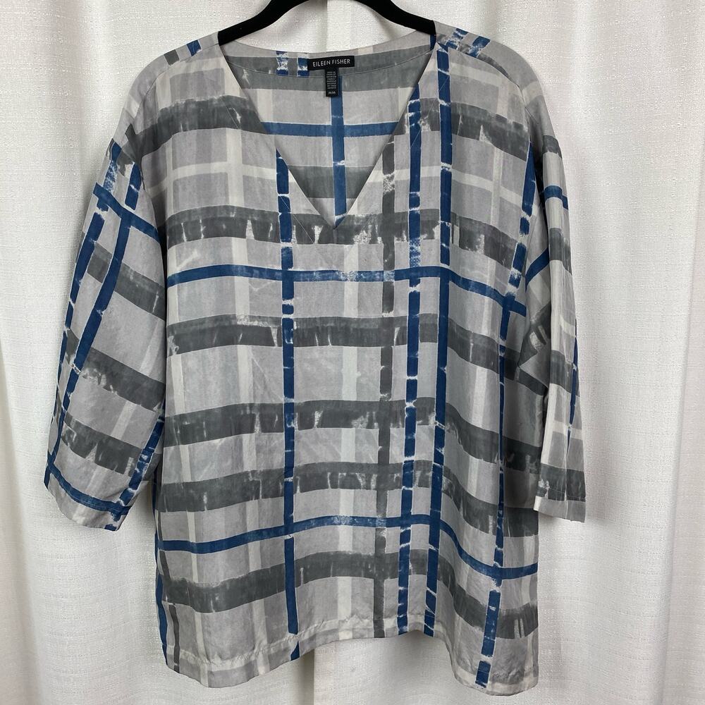 Eileen Fisher Gray&Blue Silk 3/4 Sleeve Boxy Fit Blouse Sz.M - Picture 2 of 8
